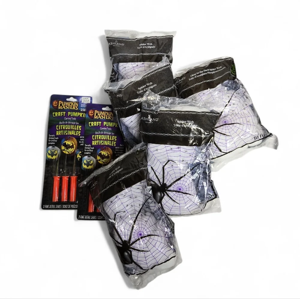NEW Ashland Pumpkin Masters Halloween decor webs and pumpkin carving tools‎ lot